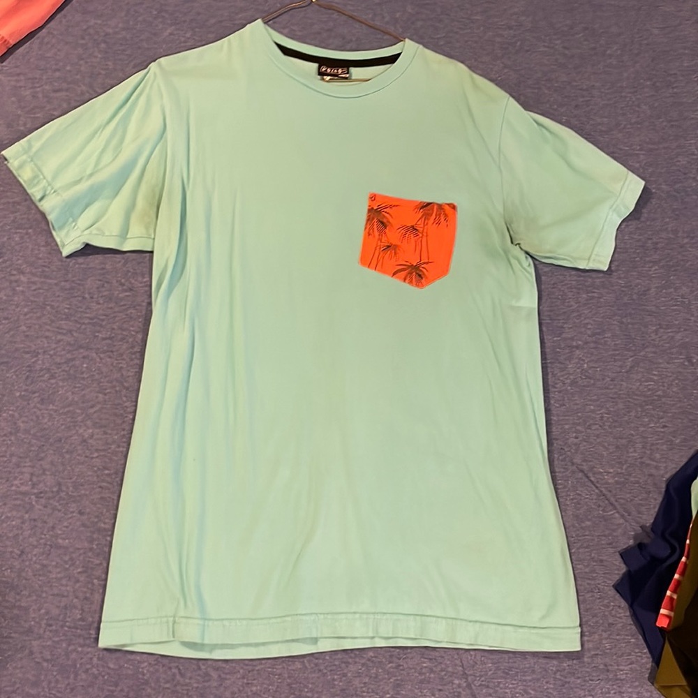Volcom light blue and orange palm tree pocket tee